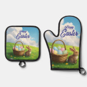 Peaceful Easter Spring Meadow Bunny & Egg Basket Ovenwant & Pannenlap Set (Voorkant)