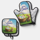 Peaceful Easter Spring Meadow Bunny & Egg Basket Ovenwant & Pannenlap Set (Voorkant / Achterkant)