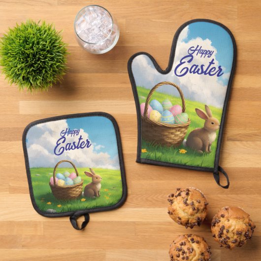 Peaceful Easter Spring Meadow Bunny & Egg Basket Ovenwant & Pannenlap Set (Top down)