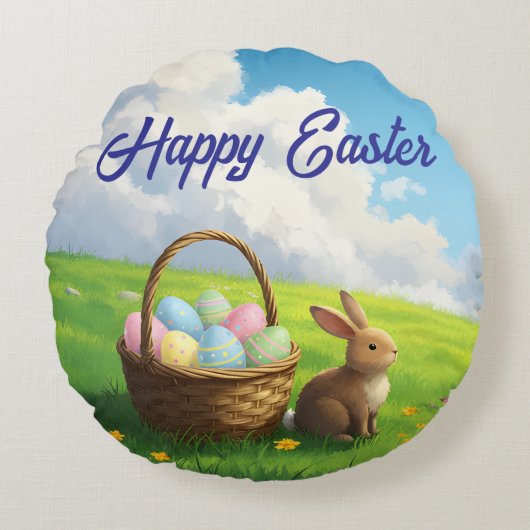 Peaceful Easter Spring Meadow Bunny & Egg Basket Rond Kussen (Voorkant)