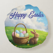 Peaceful Easter Spring Meadow Bunny & Egg Basket Rond Kussen (Achterkant)