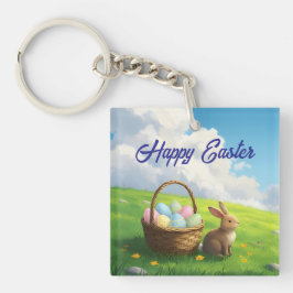 Peaceful Easter Spring Meadow Bunny & Egg Basket Sleutelhanger