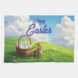 Peaceful Easter Spring Meadow Bunny & Egg Basket Theedoek