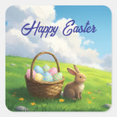 Peaceful Easter Spring Meadow Bunny & Egg Basket Vierkante Sticker (Voorkant)