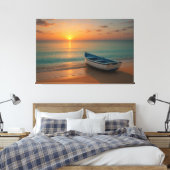 Peaceful Golden Sunset with Boat on Beach Canvas Afdruk (Insitu (Slaapkamer))