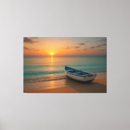 Peaceful Golden Sunset with Boat on Beach Canvas Afdruk