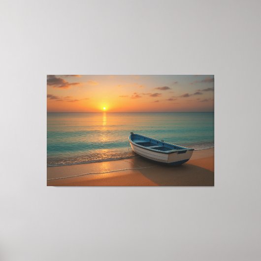 Peaceful Golden Sunset with Boat on Beach Canvas Afdruk (Voorkant)