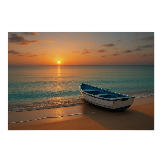 Peaceful Golden Sunset with Boat on Beach Poster (Voorkant)