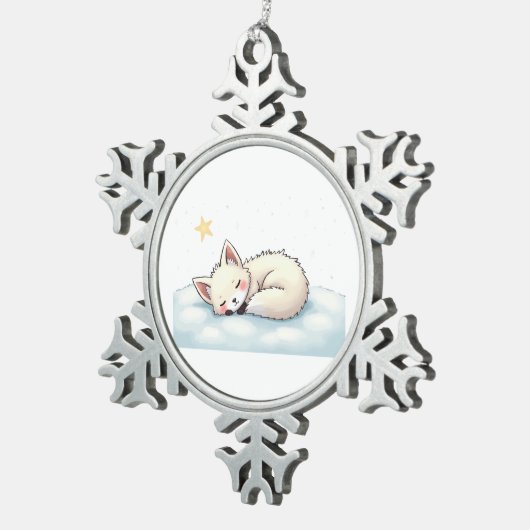 Peaceful Kawaii Arctic Fox Starry Night Winter Tin Sneeuwvlok Ornament (Rechts)