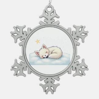 Peaceful Kawaii Arctic Fox Starry Night Winter Tin Sneeuwvlok Ornament