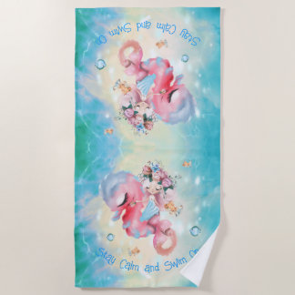 Peaceful Mermaid on Pink Seahorse Beach Towel Strandlaken