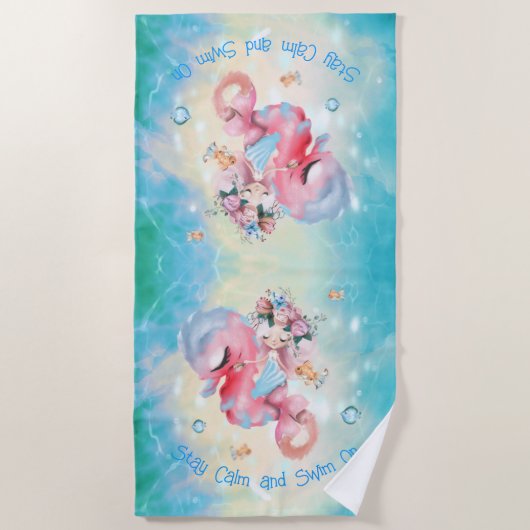 Peaceful Mermaid on Pink Seahorse Beach Towel Strandlaken (Voorkant)