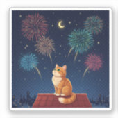 Peaceful Midnight Sky Cat Dreamy Rooftop Fireworks Sticker (Voorkant)