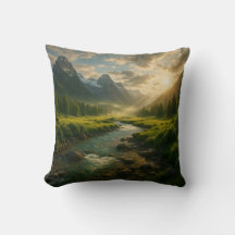 Peaceful Mountain River Landscape Throw Pillow