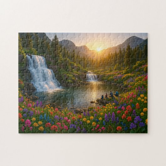 Peaceful Mountain Waterfall Puzzle with Sunrise Legpuzzel (Horizontaal)