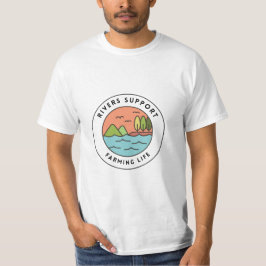 Peaceful Orange Blue Retro River Farming Design T-shirt