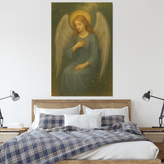 Peaceful Prayer Angel – Golden Halo White Wing Gua Canvas Afdruk (Insitu (Slaapkamer))