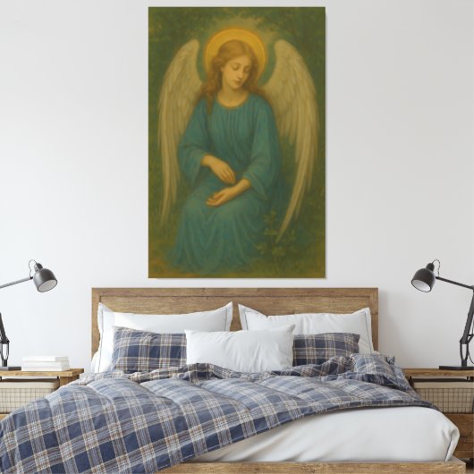 Peaceful Prayer Angel – Golden Halo White Wing Gua Canvas Afdruk (Insitu (Slaapkamer))