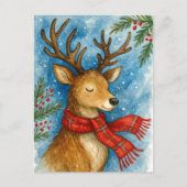 Peaceful Reindeer Red Scarf Christmas Postcard Feestdagenkaart (Voorkant)