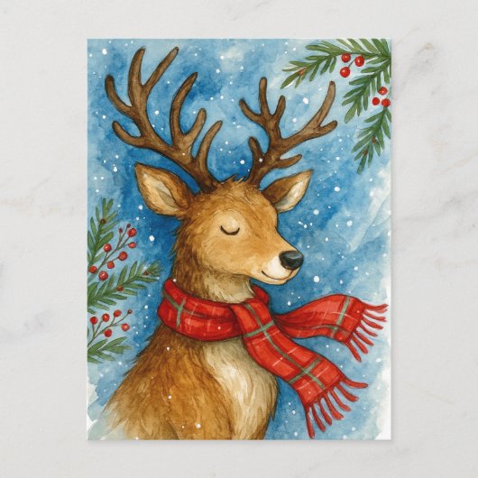 Peaceful Reindeer Red Scarf Christmas Postcard Feestdagenkaart (Voorkant)