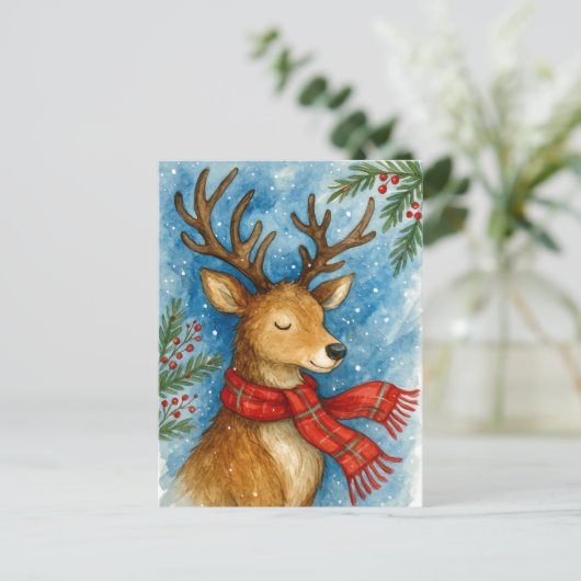 Peaceful Reindeer Red Scarf Christmas Postcard Feestdagenkaart (Staand voorkant)