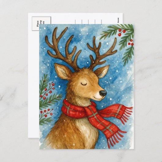 Peaceful Reindeer Red Scarf Christmas Postcard Feestdagenkaart (Voorkant / Achterkant)