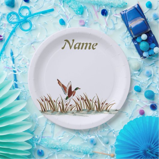 Peaceful scene Mallard Duck over Cattails Papieren Bordje (Feest)