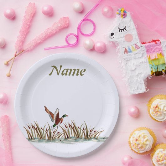 Peaceful scene Mallard Duck over Cattails Papieren Bordje (Feest)