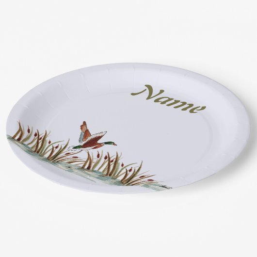 Peaceful scene Mallard Duck over Cattails Papieren Bordje (Gekanteld)