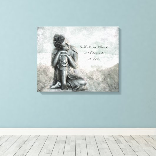Peaceful Silver Buddha met Wisdom Quote Canvas Afdruk (Insitu (Houten vloer))