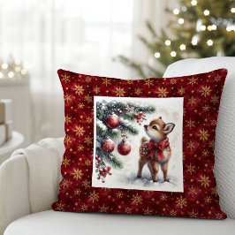 Peaceful snowy forest baby fawn Christmas pillow  Kussen