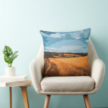 Peaceful Summer Landscape Golden Wheat Kussen<br><div class="desc">Add a cozy and artistic touch to your sofa or bed with this charming throw pillow. The design showcases a graphic, posterized summer landscape featuring a peaceful dirt path wandering through golden fields. Its warm color palette and stylized aesthetic make it an ideal home decor accent for nature lovers.</div>