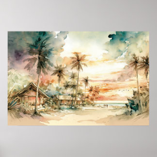 Peaceful Sunset Tropical Beach Waterverf Poster