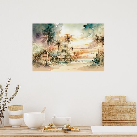 Peaceful Sunset Tropical Beach Waterverf Poster (Keuken)