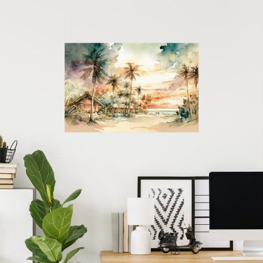 Peaceful Sunset Tropical Beach Waterverf Poster (Thuiskantoor)