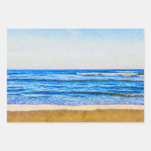 Peaceful Waterverf Style Blue Ocean & Sandy Beach Inpakpapier Vel (Voorkant)