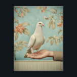 Peaceful White Dove Briefkaart<br><div class="desc">A serene white dove stands calmly on an open hand, symbolizing peace, trust, and harmony. Behind it, delicate branches with soft leaves and warm blossoms spread across a tranquil turquoise background, creating an elegant and calming atmosphere. The composition blends nature and human connection, evoking themes of kindness, hope, and quiet...</div>