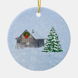Peaceful Winter Kerstmis Cabin Keramisch Ornament