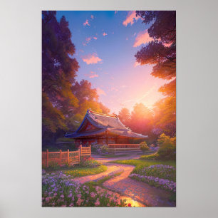 Peaceful Wooden House op Sunset Poster