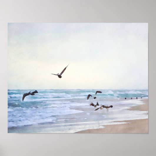 Peaceful Zee Birds at Shore Waterverf Style Print (Voorkant)