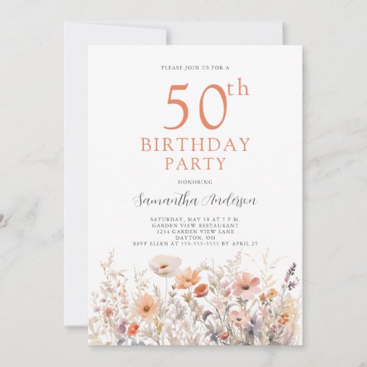 Peach 50th Birthday Floral Kaart (Voorkant)