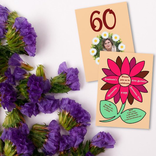 Peach 60th Birthday Eenvoudige Rode Zonnebloem Kaart