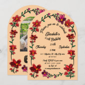 Peach 60th Birthday Party Whimsical Doodle Flowers Kaart (Voorkant / Achterkant)