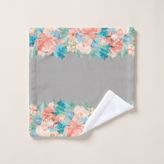 Peach and Aqua Waterverf Floral Pattern Bad Handdoek (Wasdoekje)