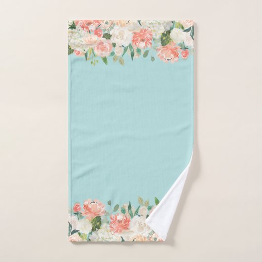 Peach and Aqua Waterverf Floral Pattern Bad Handdoek (Handdoek)