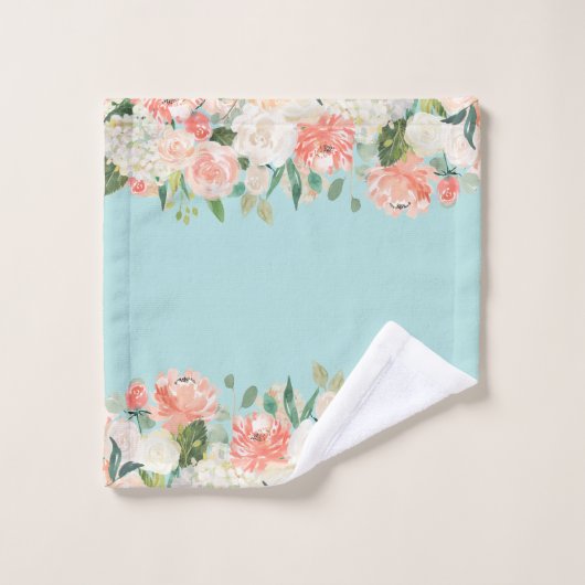 Peach and Aqua Waterverf Floral Pattern Bad Handdoek (Wasdoekje)