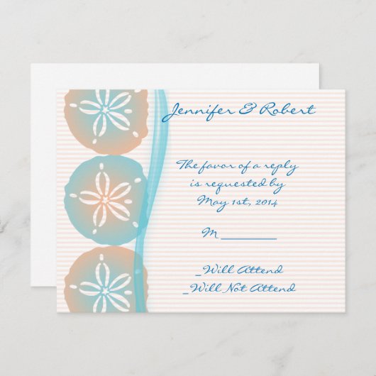 Peach and Blue Sand Dollars-reactiekaart RSVP Kaartje (Voorkant / Achterkant)