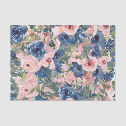 Peach and Blue Waterverf Flowers Decoupage Tissuepapier (Voorkant)