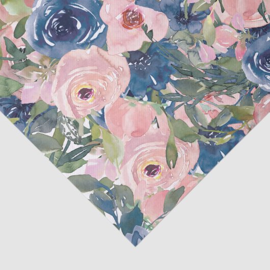 Peach and Blue Waterverf Flowers Decoupage Tissuepapier (Detail)