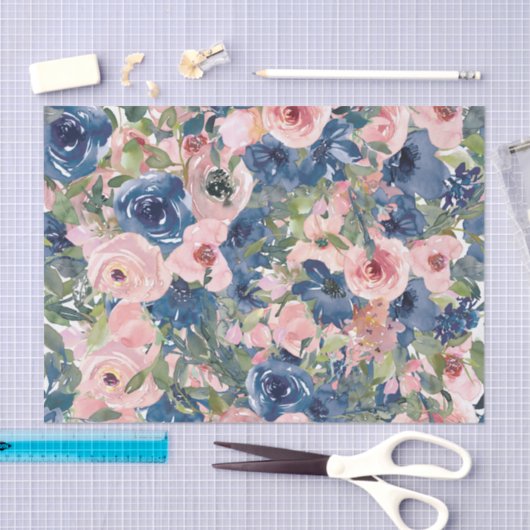 Peach and Blue Waterverf Flowers Decoupage Tissuepapier (Craft)